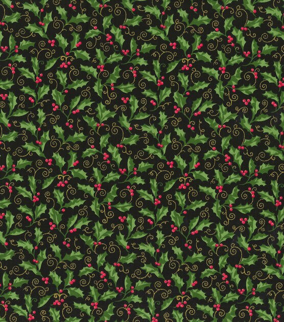 Fabric Traditions Glitter Holly Scroll Christmas Cotton Fabric, , hi-res, image 2