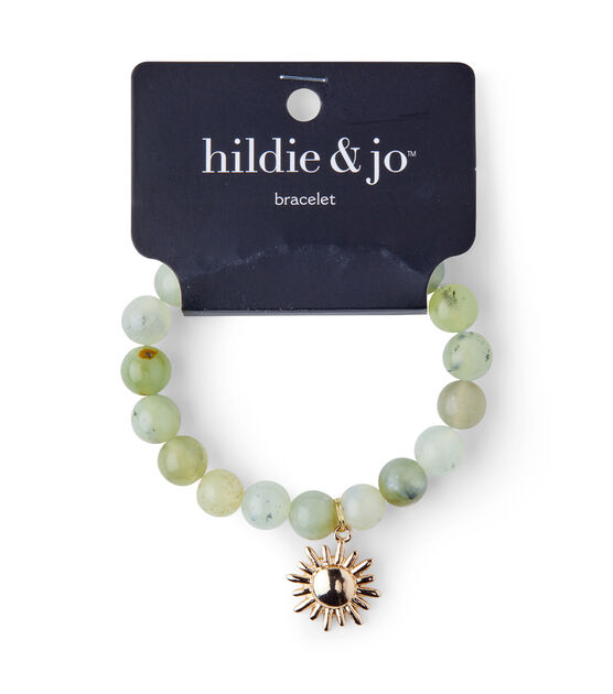 Ivory & Green Beaded Stretch Bracelet With Gold Charm by hildie & jo