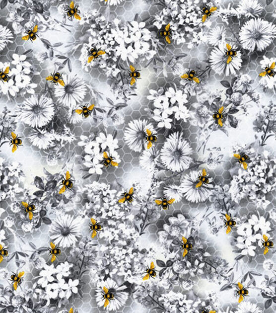Hi Fashion Honey Bee Gray Floral Scene Premium Cotton Fabric