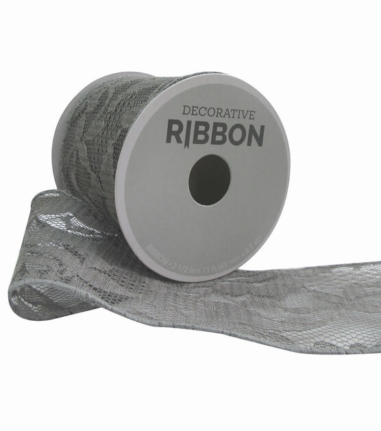 Decorative Ribbon 2.5''x15' Lace Ribbon Gray