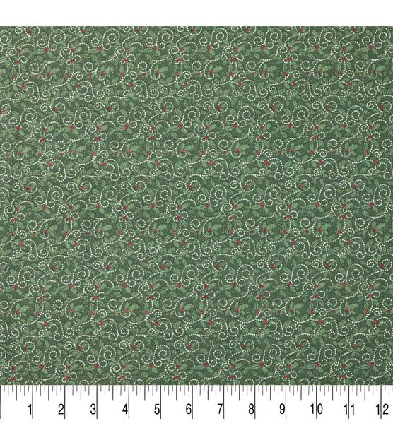Green Holly Christmas Glitter Cotton Fabric, , hi-res, image 3