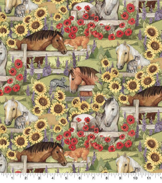 Susan Winget Horse Sunflowers Cotton Fabric