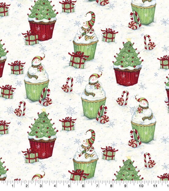 Springs Creative Snowman & Tree Cupakes Christmas Cotton Fabric