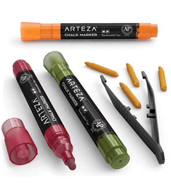 Arteza Pastel Liquid Chalk Markers, Set of 16 with 16 Replaceable Chisel Tips, Tweezers, Labels, Stencils - Erasable, Water-Base