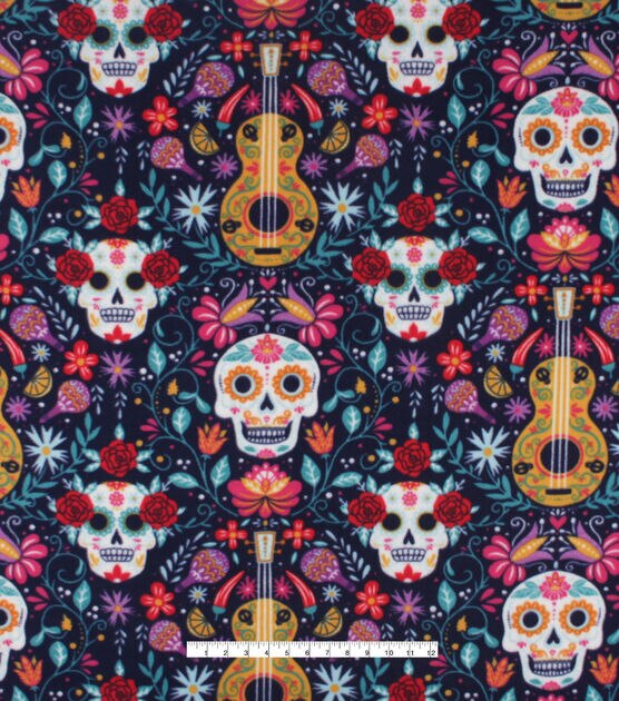Day of the Dead Skeleton Heads & Floral Anti Pill Fleece Fabric, , hi-res, image 4