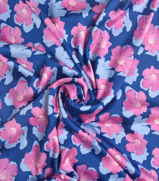 Blue & Pink Resort Floral Lightweight Charmeuse Fabric, , hi-res, image 1