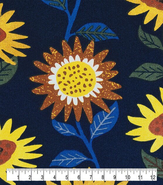 Animated Sunflowers Indigo Cotton Canvas Fabric, , hi-res, image 3
