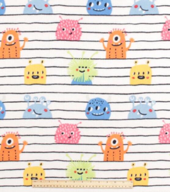Cute Monsters on Stripes Anti Pill Fleece Fabric, , hi-res, image 2