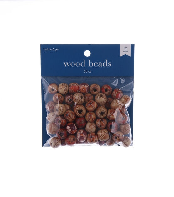 12mm Red & Natural Printed Wood Barrel Beads 60pc by hildie & jo
