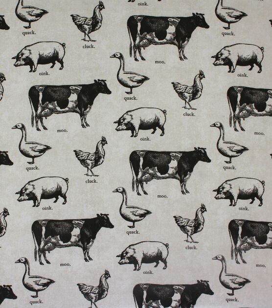 Farm Animal Black Cotton Canvas Fabric