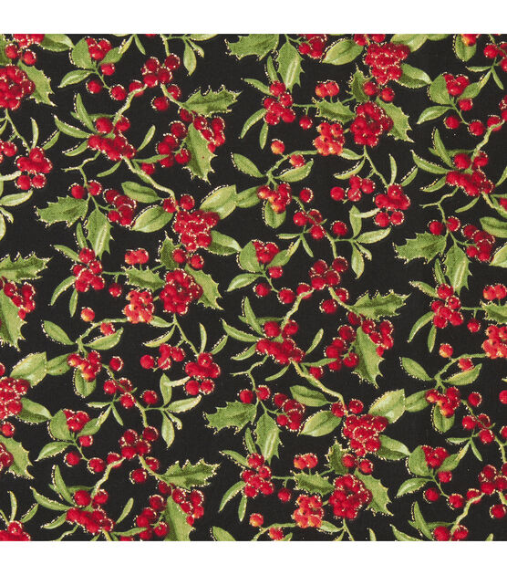 Glitter Holly Leaves &amp; Berries on Black Christmas Cotton Fabric | JOANN