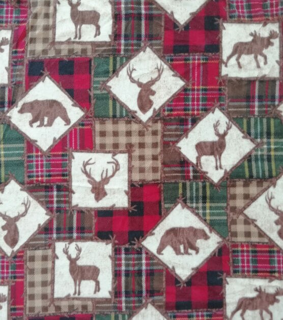 Deer & Bears Plaid Patch Anti Pill Fleece Fabric, , hi-res, image 2