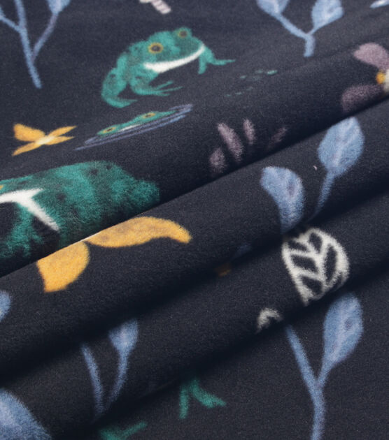 Frogs & Leaves on Black Anti Pill Fleece Fabric, , hi-res, image 3