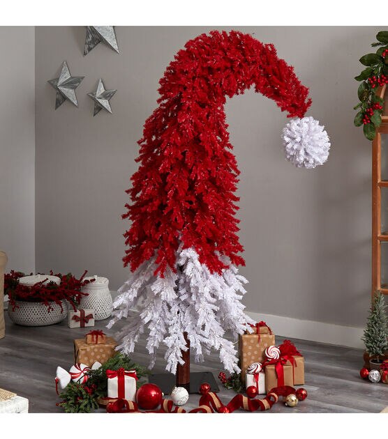 Nearly Natural 9' White Pre Lit Santa Hat Christmas Tree in Metal Base, , hi-res, image 7