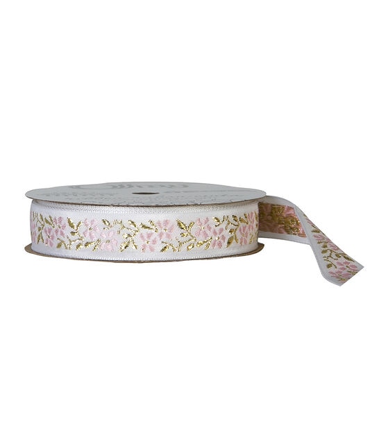 Offray 5/8"x9' Dainty Floral Jaquard Woven Ribbon Pink