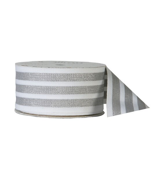 Offray 1.5"x9' Metallic Stripes Grosgrain Ribbon White and Silver