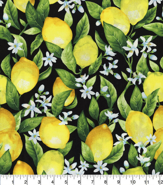 Hi Fashion Lemons And Floral On Black Premium Print Cotton Fabric, , hi-res, image 2