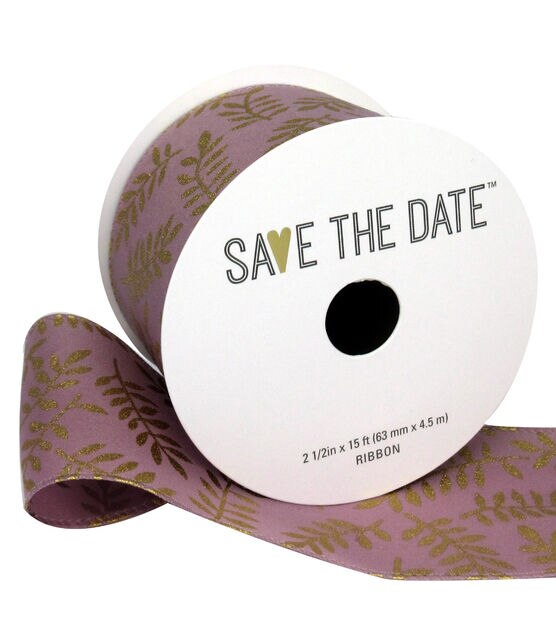 Save the Date 2.5"x15' Gold Ferns Mauve Woven Ribbon