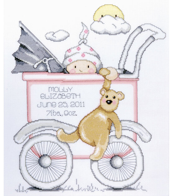 Tobin 13" x 15" Baby Buggy Girl Birth Record Counted Cross Stitch Kit