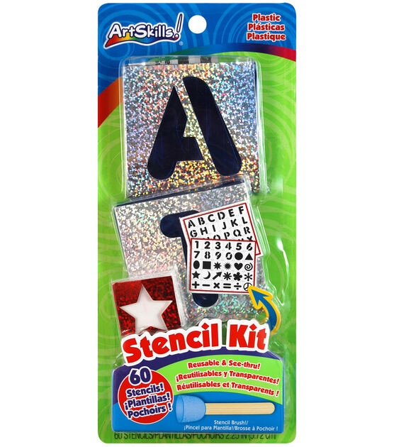 Letters, Numbers & Shapes Stencil Kit 60 Reusable Stencils + Stencil Brush