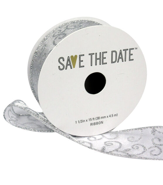 Save the Date 1.5" x 15' Glitter Silver Swirls Ribbon