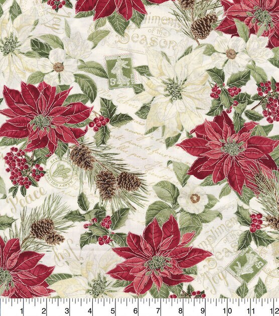 Hi Fashion Merry & Poinsettias on White Christmas Cotton Fabric | JOANN