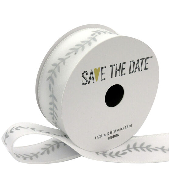 Save the Date 1.5" x 15' Silver Ferns on White Ribbon