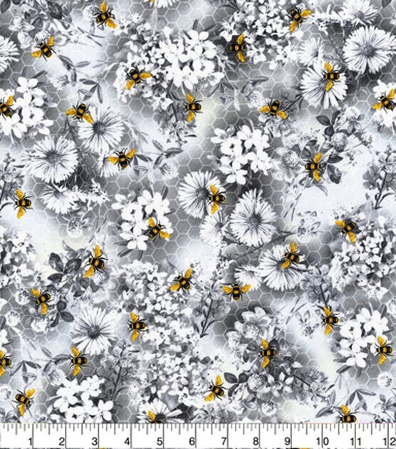 Hi Fashion Honey Bee Gray Floral Scene Premium Cotton Fabric, , hi-res, image 2