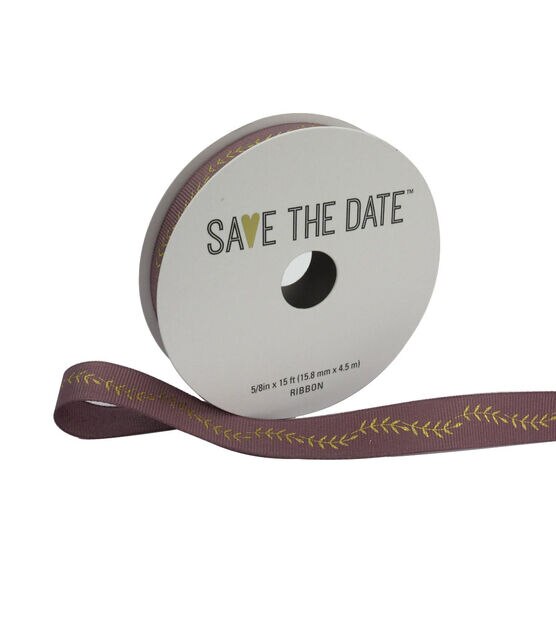 Save the Date 5/8"x15' Gold Ferns Mauve Woven Ribbon