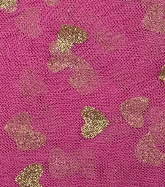 Glitter Heart Tulle Pink Fabic