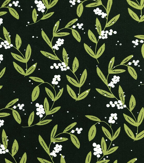 Black Green White Flowers Double Brush Poly Knit Prints Fabric, , hi-res, image 3