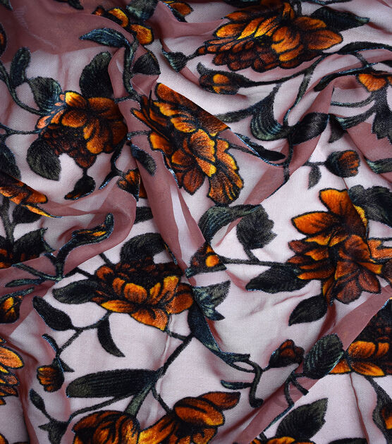Orange Floral Velvet Burnout Fabric, , hi-res, image 5
