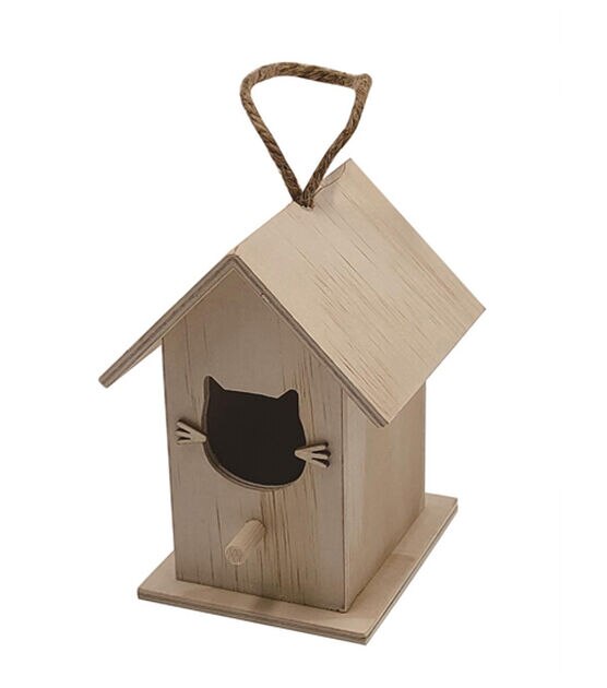 4" Unfinished Wood Birdhouse With Cat Face Cutout by Park Lane, , hi-res, image 1
