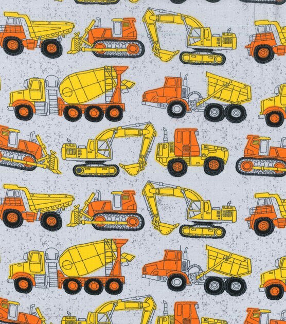 Novelty Cotton Fabric 43" Construction Trucks On Gray