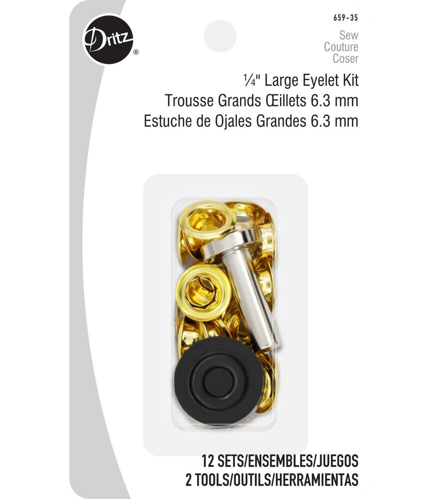 Dritz 1/4" Large Eyelets & Tools, 12 Sets, Brass, Gilt, swatch
