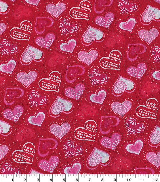Patterned Hearts Red Valentine's Day Glitter Cotton Fabric