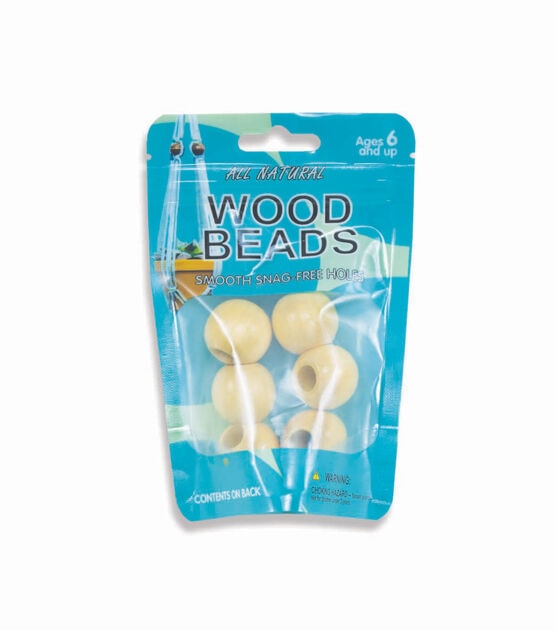 All Natural 6 pk 25mm Round Wooden Beads - Natural