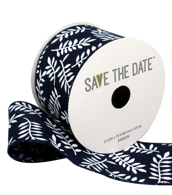 Save the Date 2.5" x 15' White Ferns on Navy Ribbon