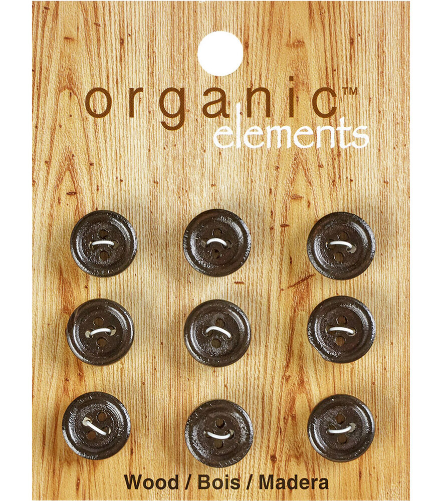 Organic Elements 1/2" Wood Round 4 Hole Buttons 9pk, Brown, swatch