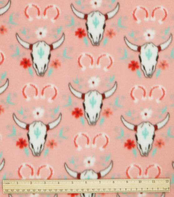 Floral Bull Skulls on Pink Anti Pill Fleece Fabric, , hi-res, image 3