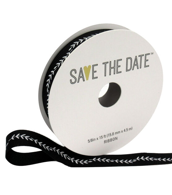 Save the Date 5/8" x 15' White Ferns on Black Ribbon