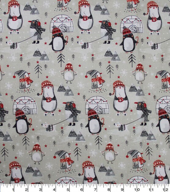 Penquins & Trees on Gray Christmas Cotton Fabric