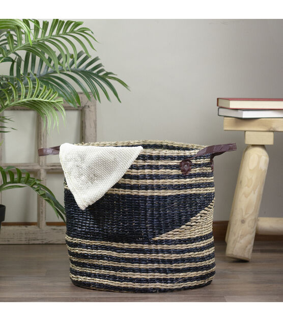 Northlight 15" Beige & Black Woven Seagrass Basket With Handles, , hi-res, image 2
