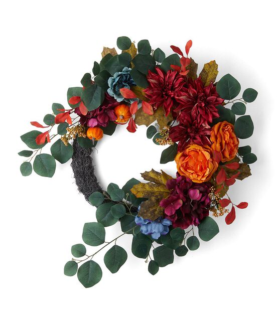 23" Fall Red Dahlia & Blue Hydrangea Asymetrical Wreath by Bloom Room