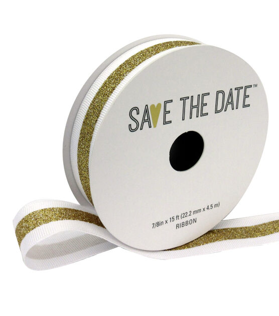 Save the Date 7/8" x 15' Gold Center Stripe on White Ribbon