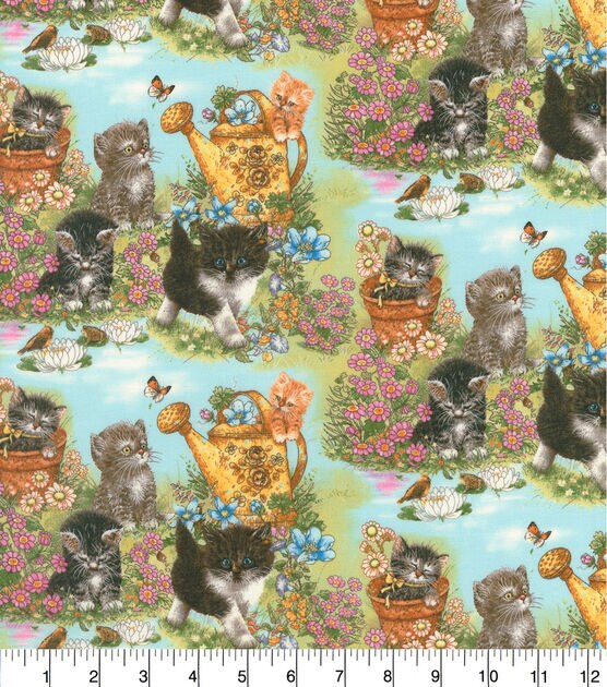 Robert Kaufman Novelty Cotton Fabric  Kittens in Garden