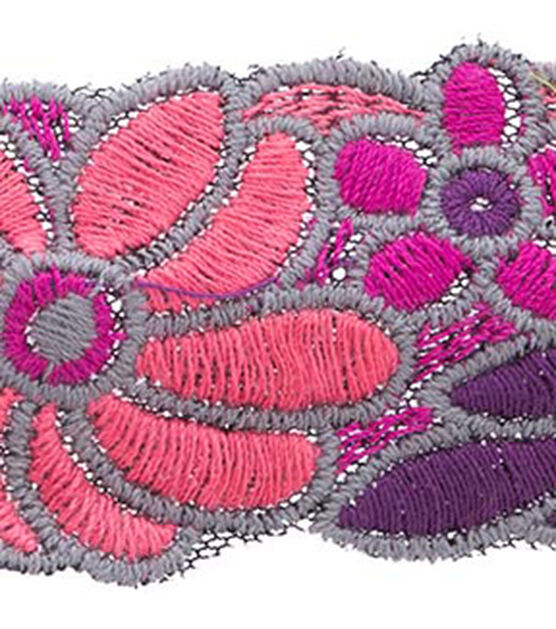 Simplicity Thick Yarn Embroidered Trim 2'' Fuchsia Floral, , hi-res, image 2