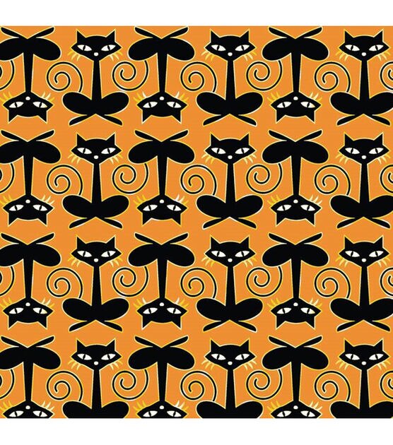 Sitting Cats Halloween Metallic Cotton Fabric