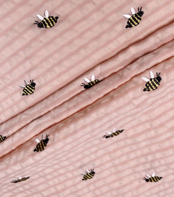 POP! Pink Stripe Bees Emboirdered Seersucker Fabric, , hi-res, image 3