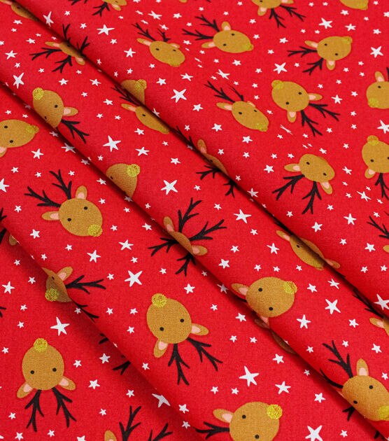 Reindeer Faces on Red Christmas Metallic Cotton Fabric, , hi-res, image 2